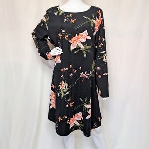 Black, Green, & Orange Soft Floral Long Sleeve Popover Shirt Dress